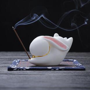 陶瓷兔子香薰炉摆件家用室内茶宠小猫可爱猫咪线香插香座中秋礼品