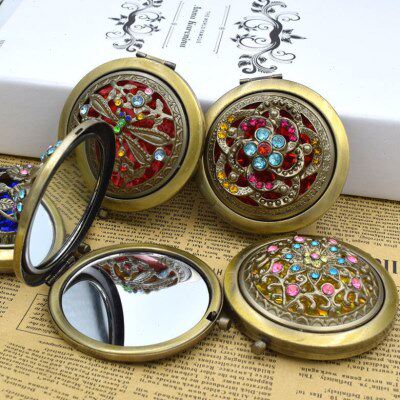 复古古铜镂空双面折叠便携金属化妆镜子小镜子随身美容小礼品赠送