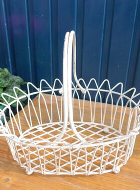 花瓣野餐篮手提篮防锈铁艺独椭做旧收纳复古处理家蔬菜白色花边圆