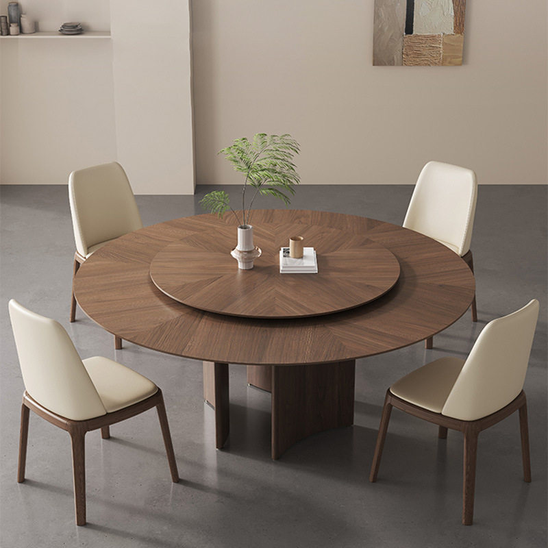 复古实木圆餐桌椅组合家用小户型带转盘圆形饭桌北美黑胡桃木圆桌