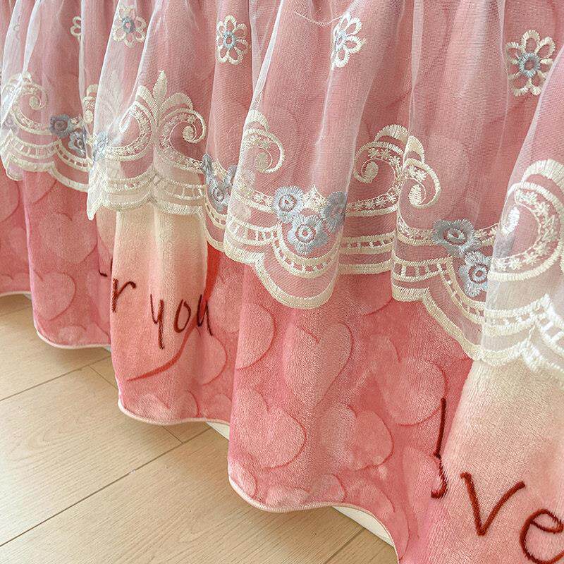 冬季夹棉牛奶绒床裙单件蕾丝边1.5米1.8x2.0冬天床罩珊瑚法兰绒毛