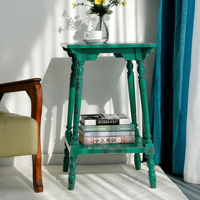 欧式小茶几实木田园做旧休闲咖啡桌子复古时尚边几角几高茶几双层