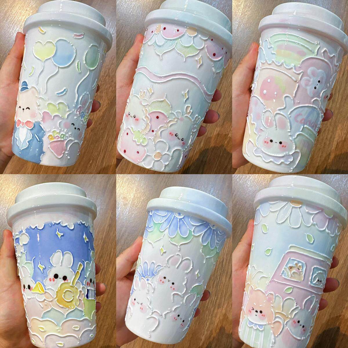 卡通随行杯手握杯景德镇手绘陶瓷插画带盖吸管杯水杯大容量马克杯