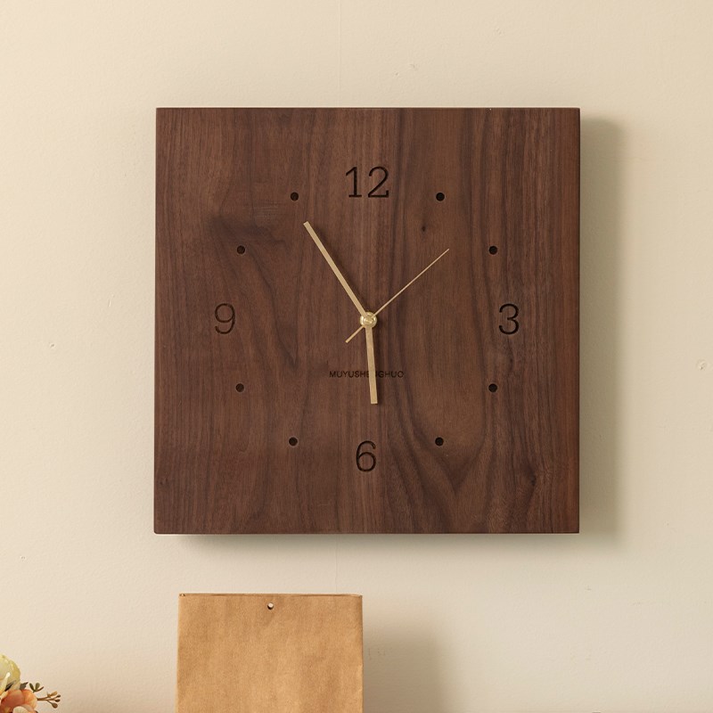 黑胡桃木表极简风实木整木原木客厅北欧创意轻奢挂钟静Y音方形座