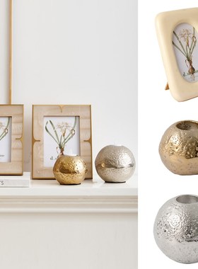 现代简约进口米色大理石纹牛骨相框摆件铝制O金色圆形蜡烛台装饰