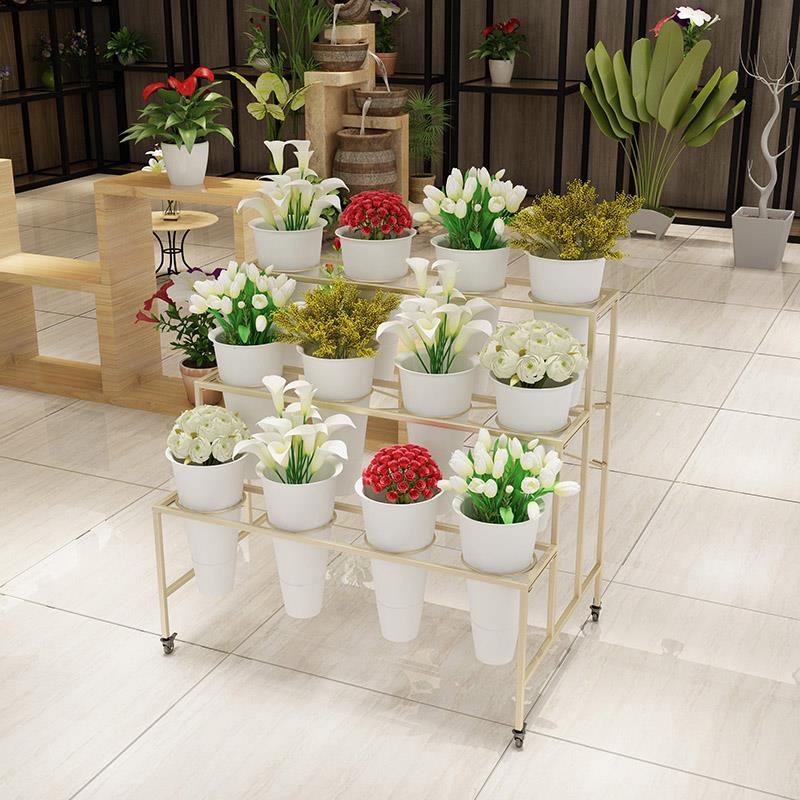大号花店花架鲜花展示架铁艺多层货架可移动带万向轮塑料鲜花桶架