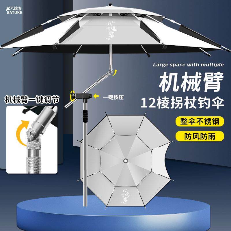 12棱大钓伞双万向手杖伞加厚黑胶遮阳户外伞防暴雨杆不锈钢钓鱼伞