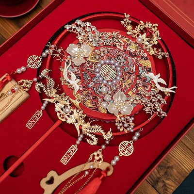 长柄中式明制汉服新娘团扇闺蜜晚辈结婚送礼秀禾服出嫁遮面喜扇子