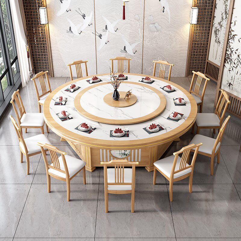 酒店电动转盘餐桌15人20人大圆桌饭店餐厅包厢岩板实木电磁炉桌子