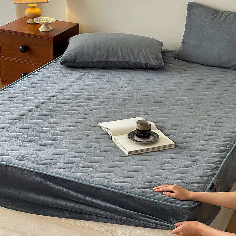 冬季加厚保暖单件牛奶绒r床笠简约纯色夹棉绗缝加绒床罩保护套床