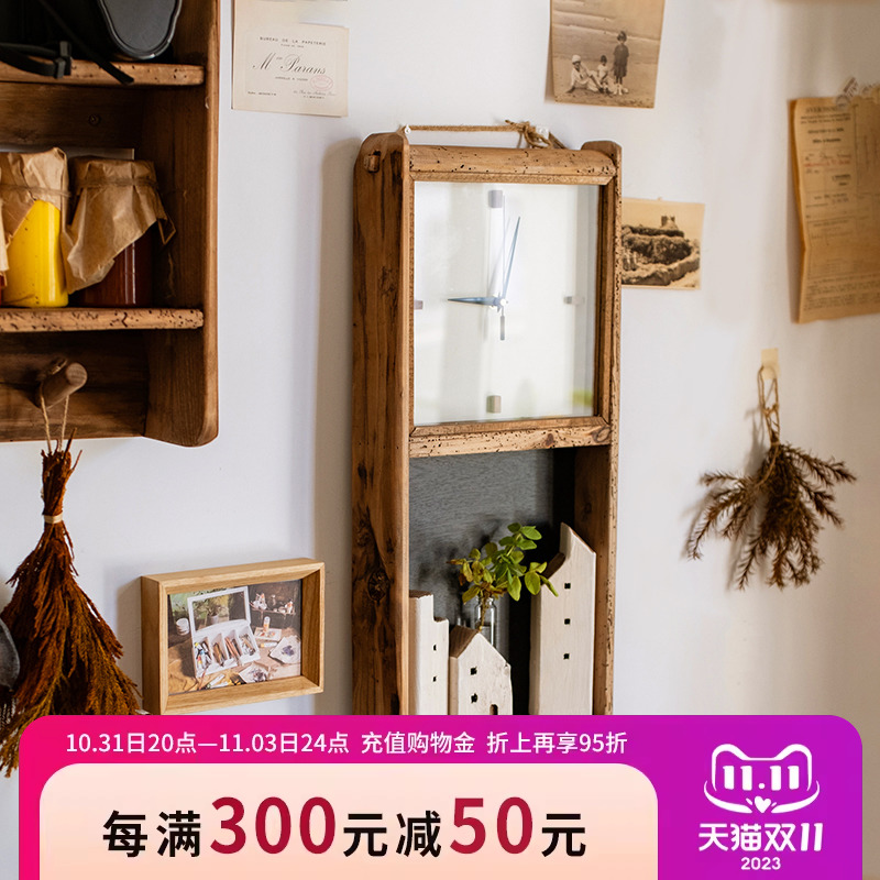掬涵天然旧木头挂钟客厅田园复古创意墙面装饰画钟表摆件黑板插花