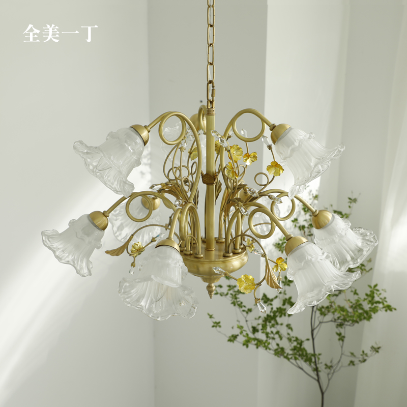 全美一丁浪漫中古黄铜水晶枝形吊灯法式花朵客厅卧室餐厅蜡烛灯具