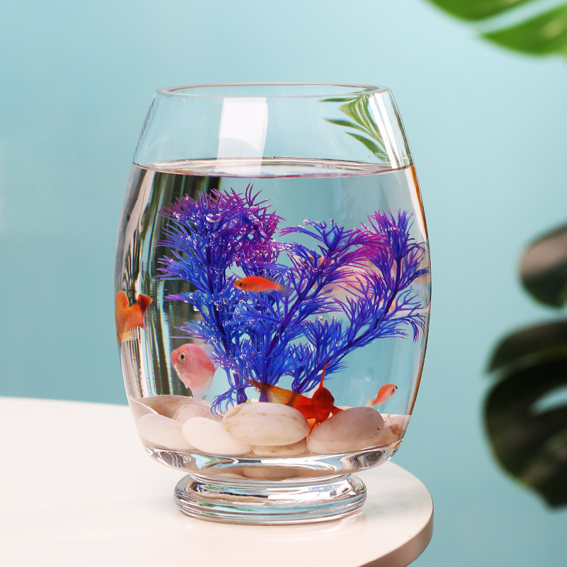 鱼缸小型透明玻璃桌面创意家用欧式金鱼缸套餐椭圆形一体成型装饰