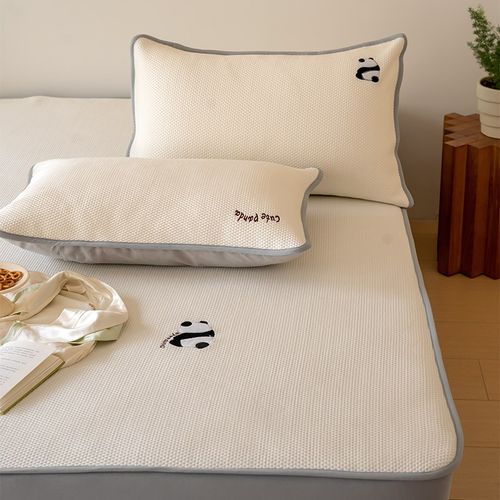 卡通熊猫绣花冰丝凉席三件套 夏季冰丝席床笠床罩可水洗空调席