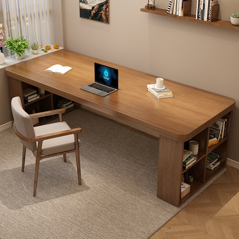实木书桌家用电脑办公桌书架一体卧室靠墙长条窄桌双人学习写字桌