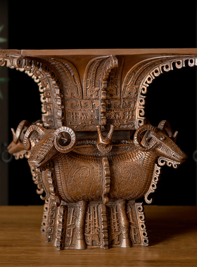 铜德堂 紫铜四羊方尊鼎摆件仿古青铜器办公室客厅中式装饰礼品