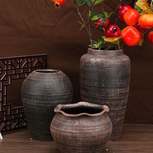 花盆家居插花土培干花客厅手工做旧仿古 复古粗陶陶花摆件中式