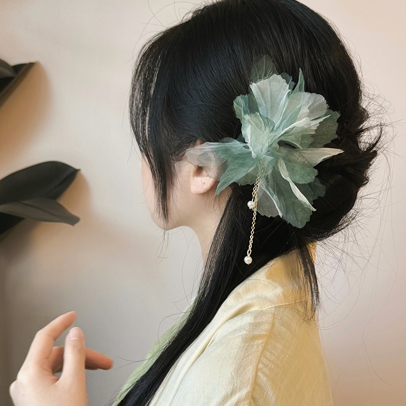 枯叶蝶仙气雪纺花朵U型发簪古风女高K级新中式马面裙发钗簪子