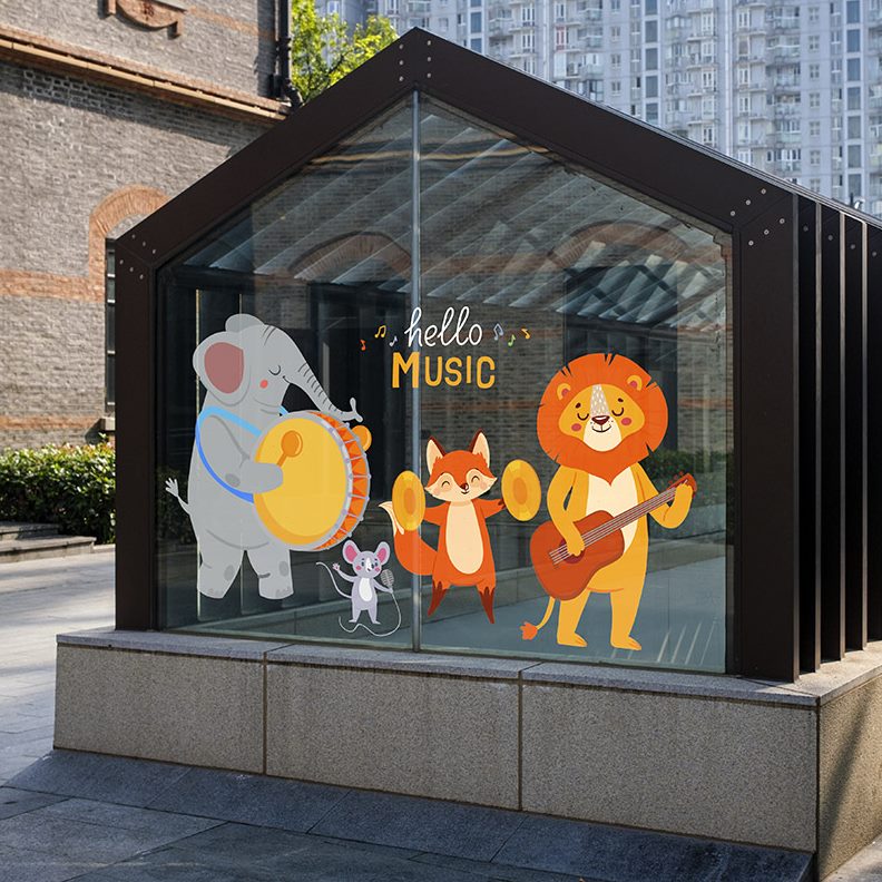 亲子酒店动物卡通画静电贴主题玻璃装饰乐队橱窗墙贴音乐儿童乐园图片