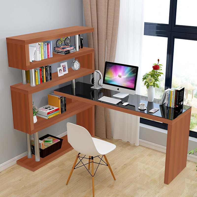 旋转电脑桌带书架一体家用办公桌儿童学习写字桌转角书桌书架组合