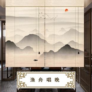 遮光窗帘茶室隔断酒店民宿茶馆升降 竹帘卷帘定制印花竹窗帘中式