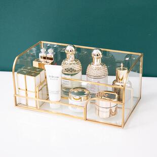 轻奢桌面化妆品收纳盒卧室家用护肤品置物架透明玻璃大容量收纳筐