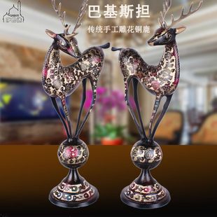 饰摆件巴基斯坦鹿对工艺一对漆彩动物铜结婚礼品鹿器黑 手工家居装