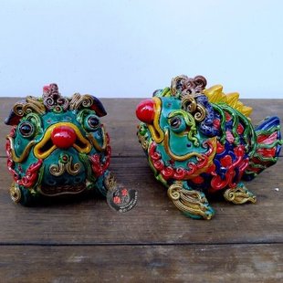 年年有鱼雕塑瓷 七彩交趾陶五彩富贵鱼摆件 客厅书房店面礼品