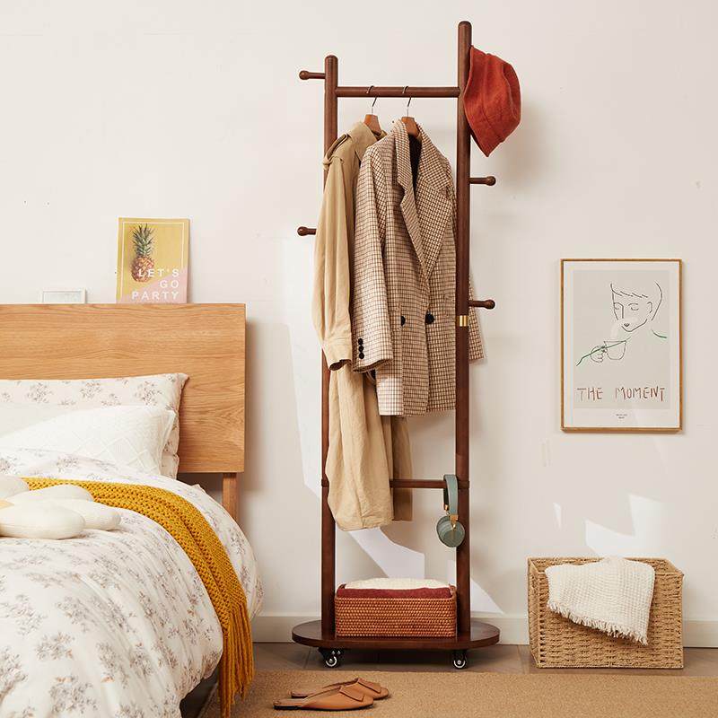 9U小户型挂衣架榉木落地窄衣帽架门口玄关卧室简约带轮可移动衣架