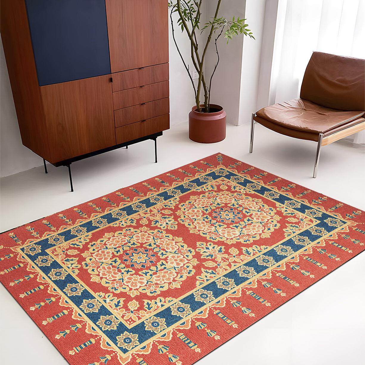 新中式唐风客厅地毯2025新款敦煌高级感民族风卧室床边中古风地垫,居家布艺,地毯,淘宝优惠券,粉丝福利购,淘宝优惠卷