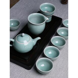 龙泉窑青瓷整套高档功夫茶具手工弟窑天青釉兰花茶壶茶杯套装礼盒