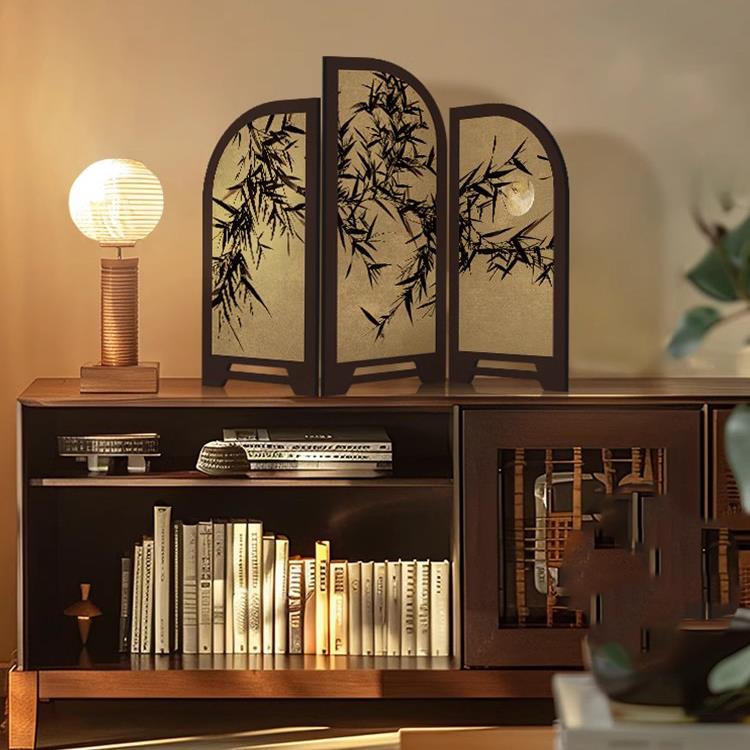 中古风墨竹小屏风桌面摆件新中式茶桌家居边柜玄关装饰品覆古摆画