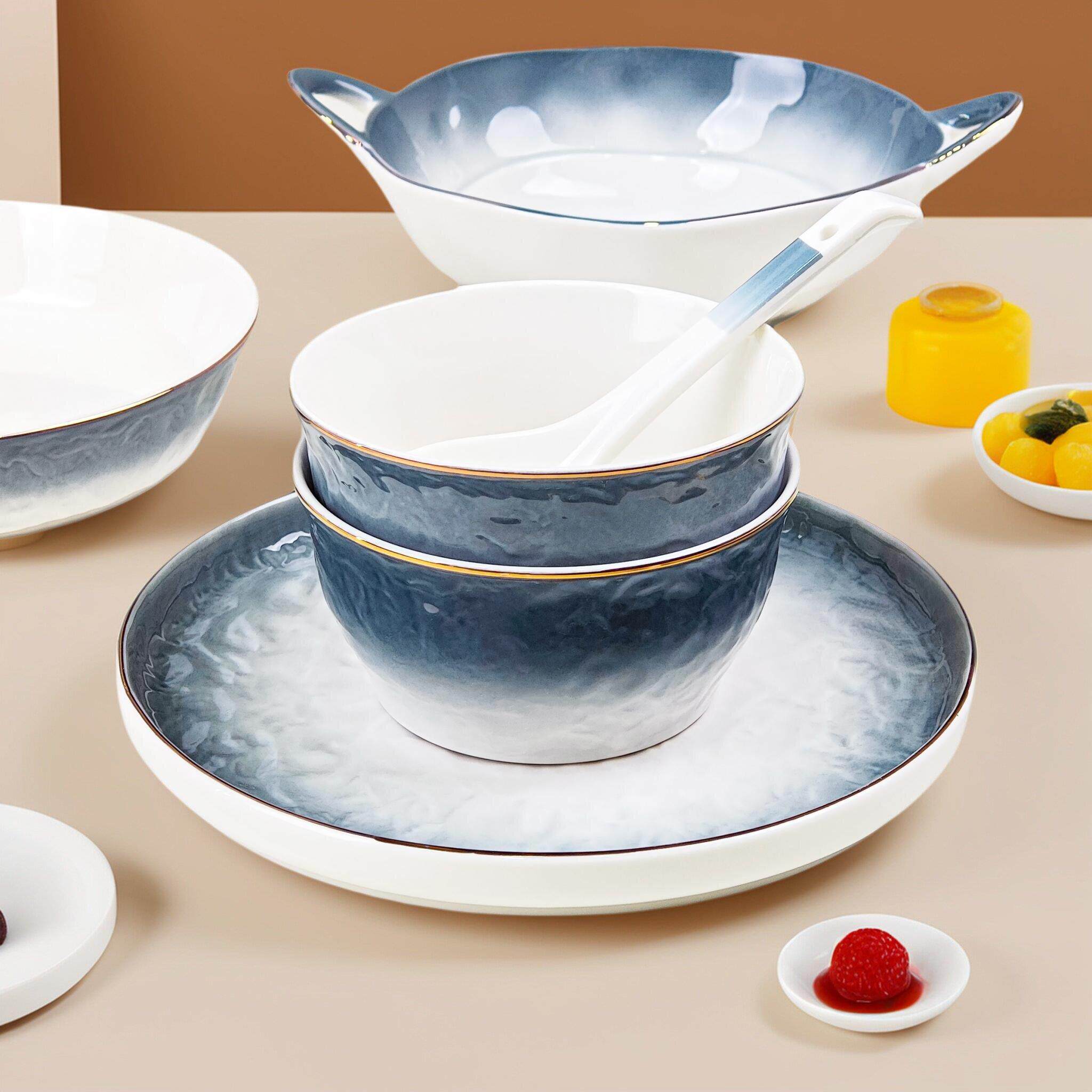 雅诚德陶瓷碗乔迁新盘子碗碟套装轻奢家用盘子新款餐具水波石墨碗