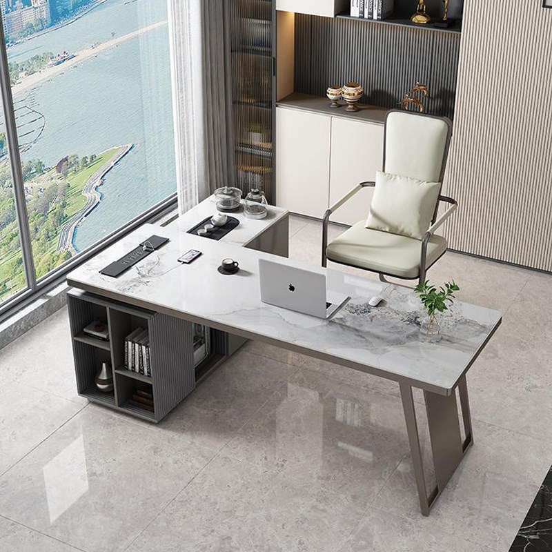 轻奢岩板茶桌书桌一体两用现代简约电脑桌转角办公室老板桌茶台桌