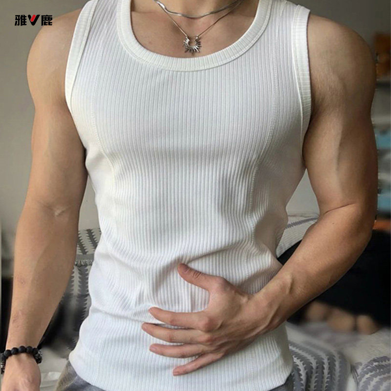 雅鹿白色粗螺纹坎肩背心男款夏季修身显肌肉无袖T恤美式健身运动
