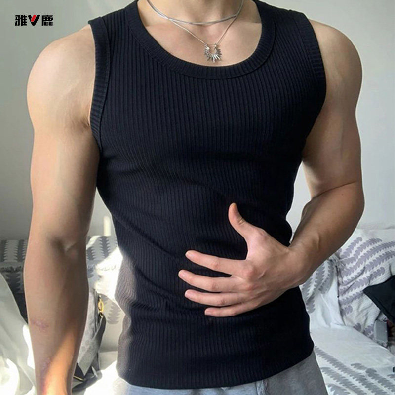 雅鹿黑色粗螺纹坎肩背心男款夏季修身显肌肉无袖T恤美式健身运动
