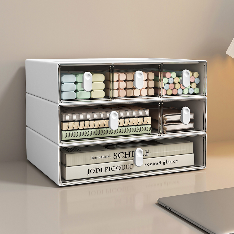 抽屉式收纳盒办公室桌面杂物整理书桌上文具置P物架高透叠加储物