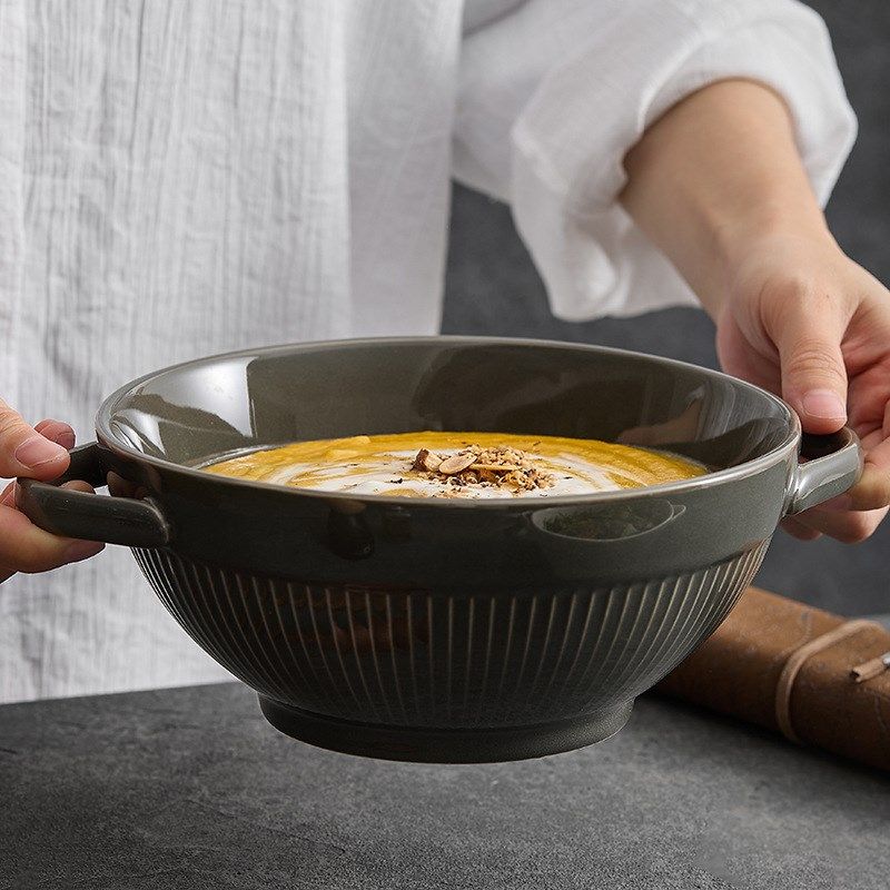 复古窑变双耳防烫碗家用陶瓷大碗汤盆泡面碗水果碗沙拉碗螺蛳粉碗