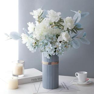 莫兰迪蓝仙森女气系日韩轻奢高档婚庆仿真绢布牡丹叶花艺卉瓶套装