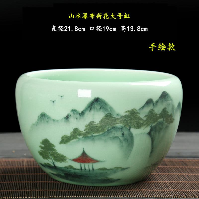 手绘高款茶洗大号陶瓷桌面茶渣缸特大号茶具配件笔洗碗莲水培鱼缸