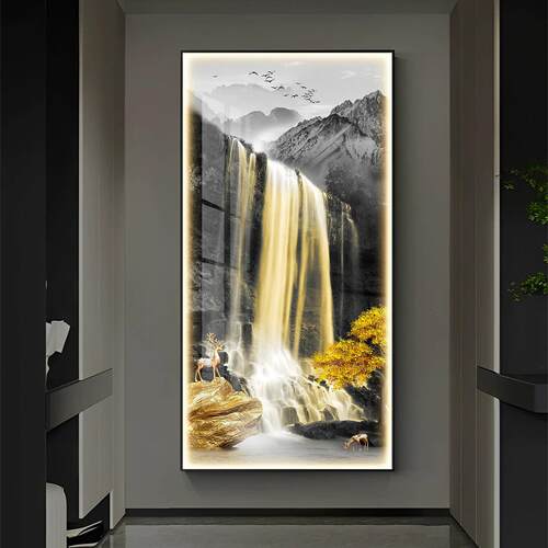 流水生财玄关装饰画发光现代简约山水入户走廊壁画轻奢风墙面挂画