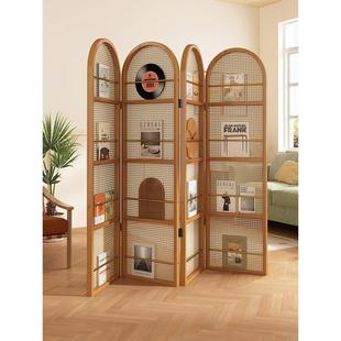 日式藤编屏风隔断客厅折叠可移动实木小户型遮挡入户简约杂志书架