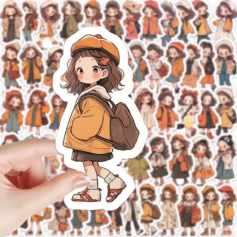 204张卡通q版小人物秋冬穿搭贴纸ins风手机壳iPad装饰DIY创意贴画