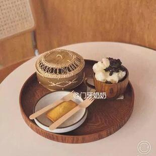 茶盘餐盘咖啡厅家用水杯收纳盘甜品蛋糕盘 ins风木质托盘圆形日式
