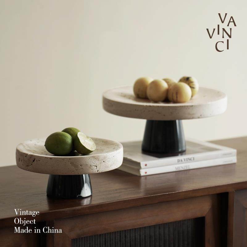 梵其侘寂风创意洞石圆形实木底托 托盘摆件简约客厅茶几餐桌果盘