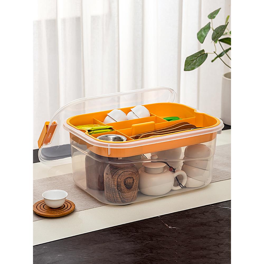 茶具收纳盒桌面茶杯茶壶配件水杯隔间收纳盒户外带把手防尘收纳盒