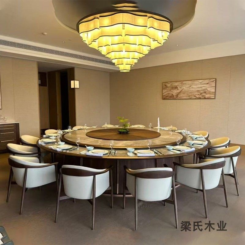 电动餐桌岩板酒店大圆桌餐饮饭店专用包厢宴会桌圆形新中式餐桌椅
