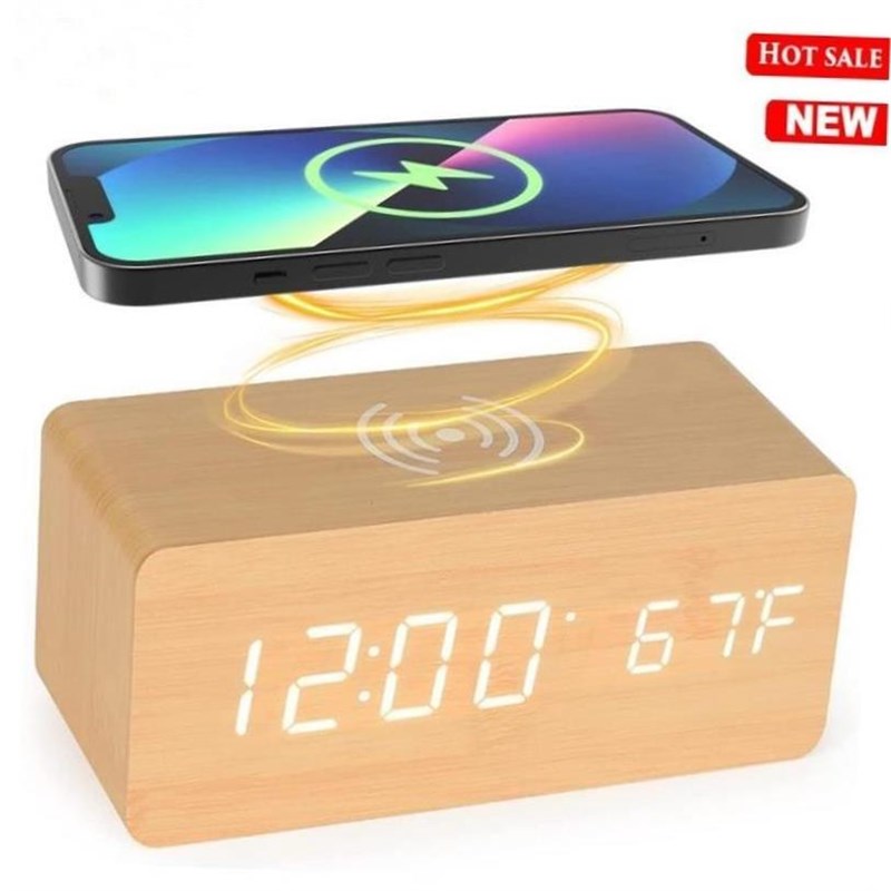 Wireless charging Digital alarm clock Wooden LED alarm clock