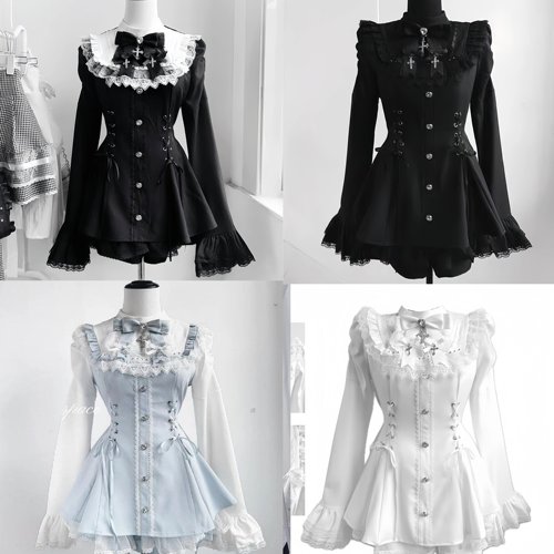 日本原单蕾系SC蕾服日系绑带收腰Lolita蕾丝哥特拼接连衣裙+短裤