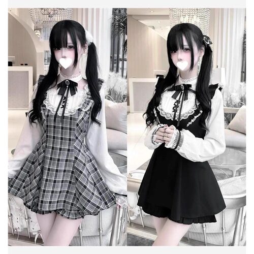 日单蕾系量产型Lizlisa风格长袖套装蕾丝蝴蝶结蕾服暗黑哥特SC风